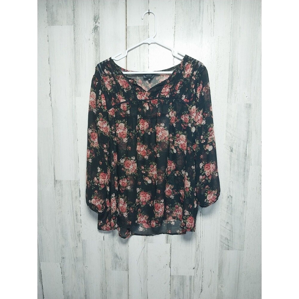 Perch by Blu Pepper Shirt Women’s 2XL Sheer Black and Red pink Floral Plus